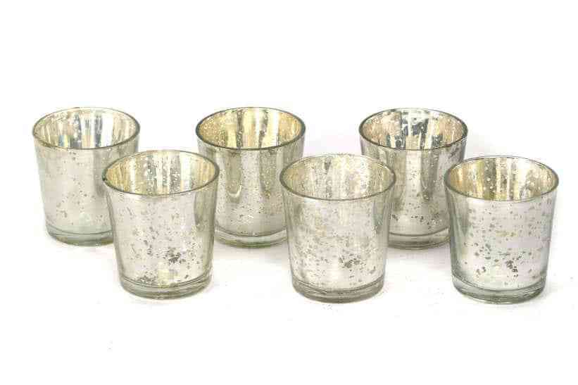 Elegant Silver Mercury Glass Votive Cups - Set of 6 for Stunning Décor Silver Mercury Glass Votive Cup Set of 6 in Acetate Box (2.5″x2.25″)