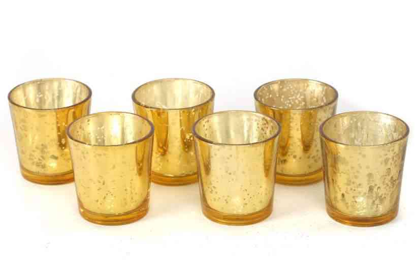 Shop 6 Gold Mercury Glass Votive Holders - Elegant Candle Holders for Events Silver Mercury Glass Votive Cup Set of 6 in Acetate Box (2.5″x2.25″)
