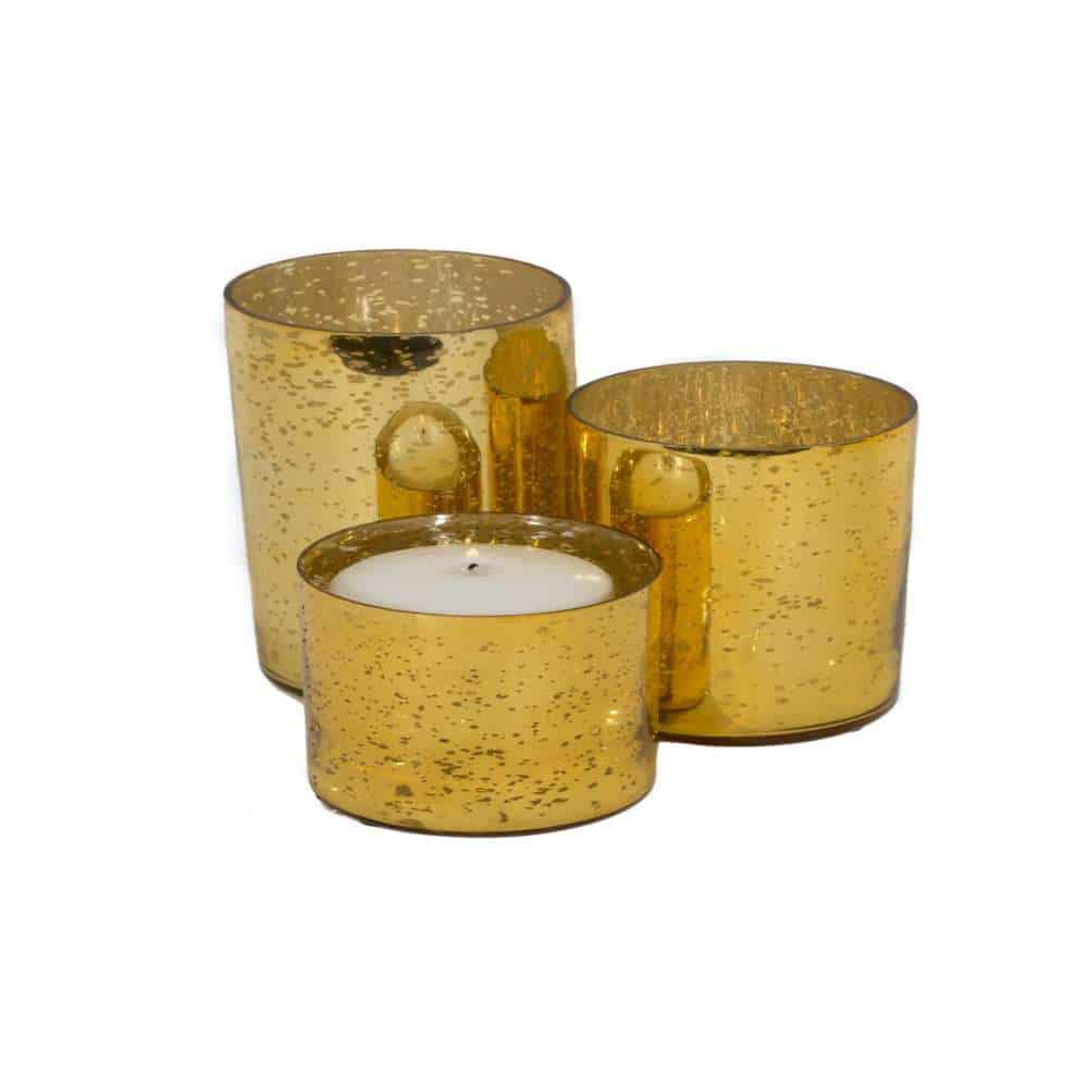 Elegant Gold Mercury Glass Holders Set of 3 | Floating Candle & Bouquet Decor Clear Hammered Glass Cylindrical Floating Candle and Bouquet Holders Set of 3 (4″x5″ -7″ -9″)