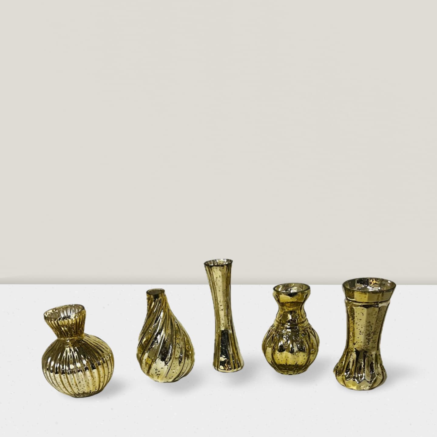 Set of 5 Gold Mercury Small Bud Vases - Elegant Décor for Events Gold Mercury small bud vases Set/5 sizes between 4.75″-5.5″